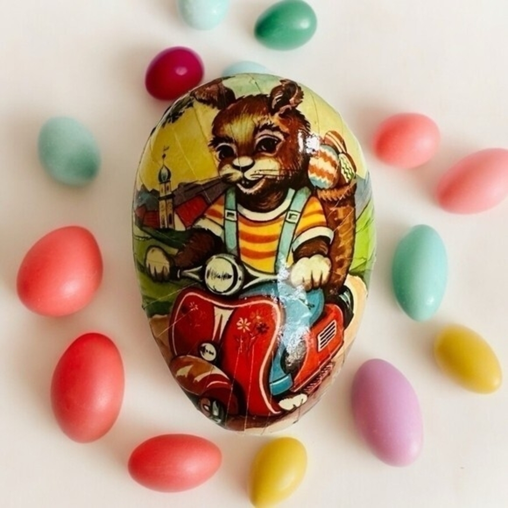 Vintage West Germany Paper Mache Easter Egg Candy Container Rabbit Bike 4" VG